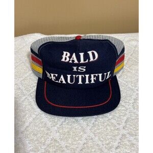 New Vintage 80s Bald Is Beautiful Blue Mesh Back 3 Stripes Trucker Hat